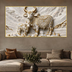 Auspicious Kamdhenu Cow with Calf 3D Canvas Wall Painting