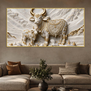 Auspicious Kamdhenu Cow with Calf 3D Canvas Wall Painting