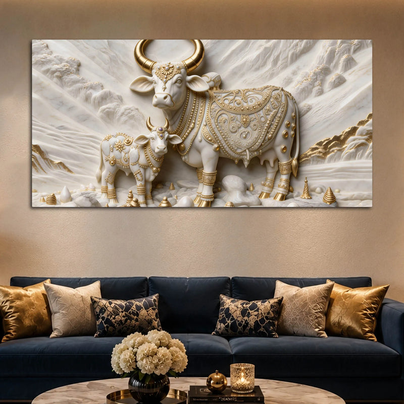 Auspicious Kamdhenu Cow with Calf 3D Canvas Wall Painting