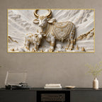 Auspicious Kamdhenu Cow with Calf 3D Canvas Wall Painting