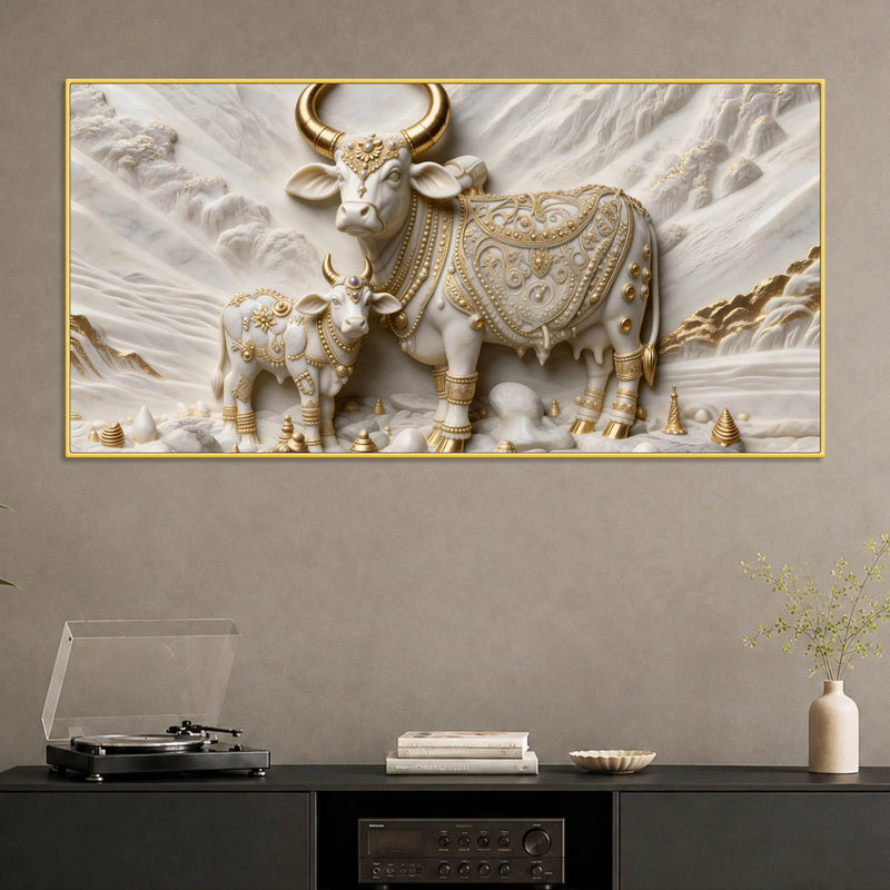 Auspicious Kamdhenu Cow with Calf 3D Canvas Wall Painting