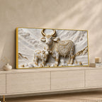 Auspicious Kamdhenu Cow with Calf 3D Canvas Wall Painting