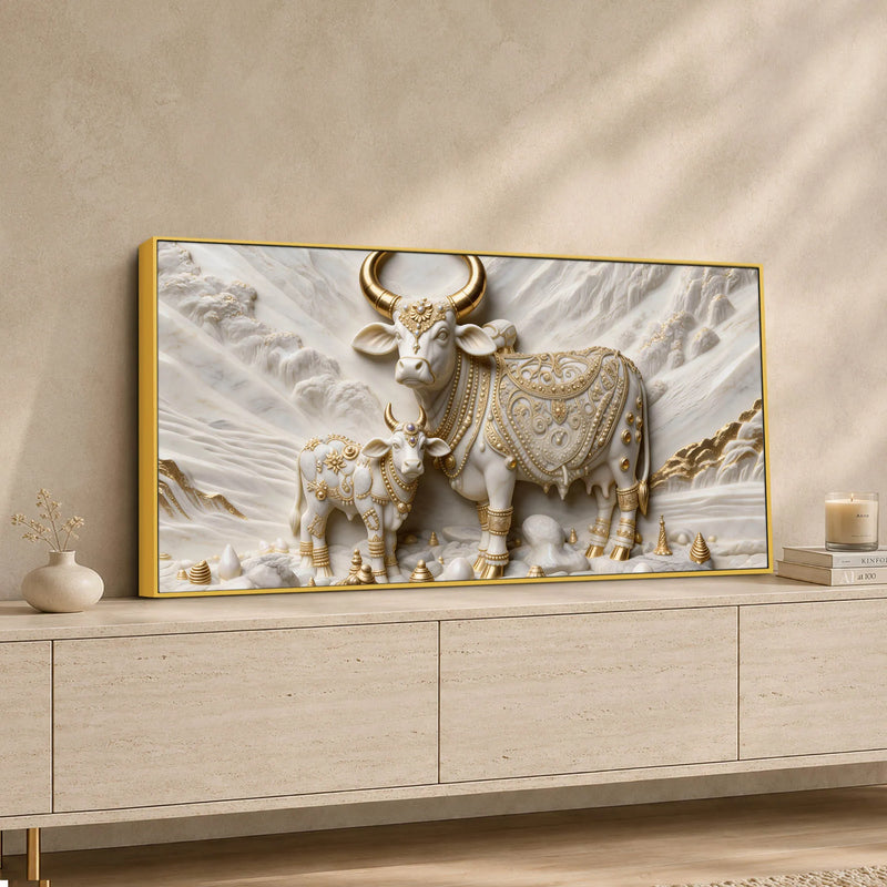 Auspicious Kamdhenu Cow with Calf 3D Canvas Wall Painting