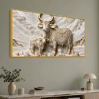 Auspicious Kamdhenu Cow with Calf 3D Canvas Wall Painting