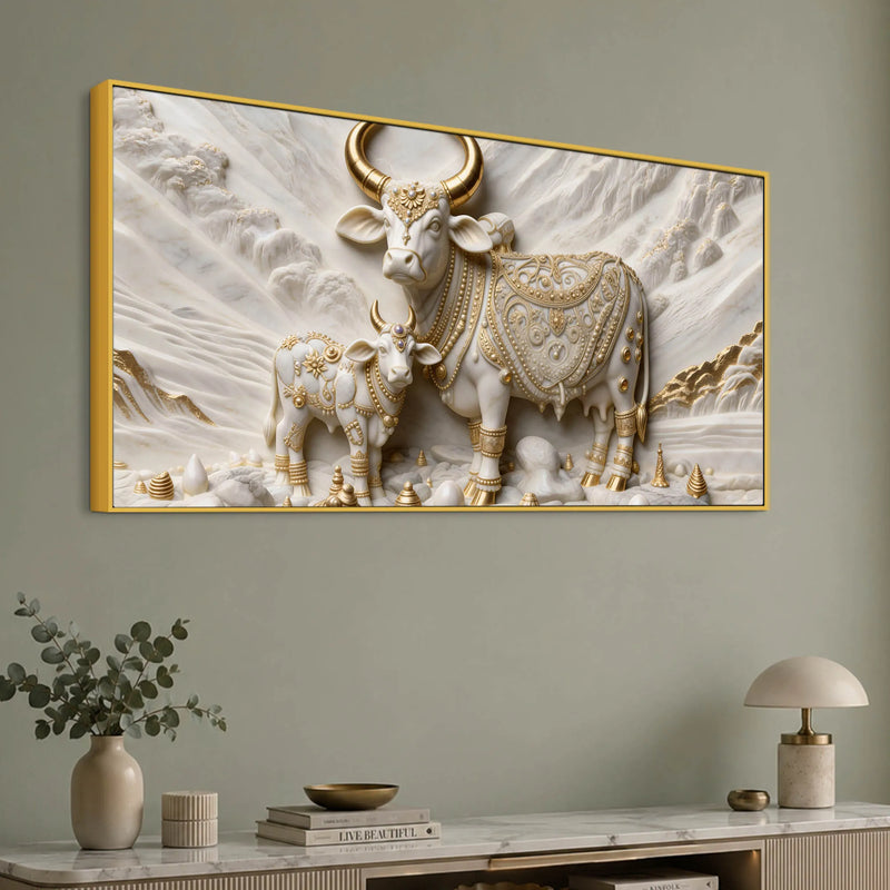 Auspicious Kamdhenu Cow with Calf 3D Canvas Wall Painting