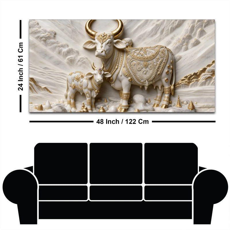 Auspicious Kamdhenu Cow with Calf 3D Canvas Wall Painting