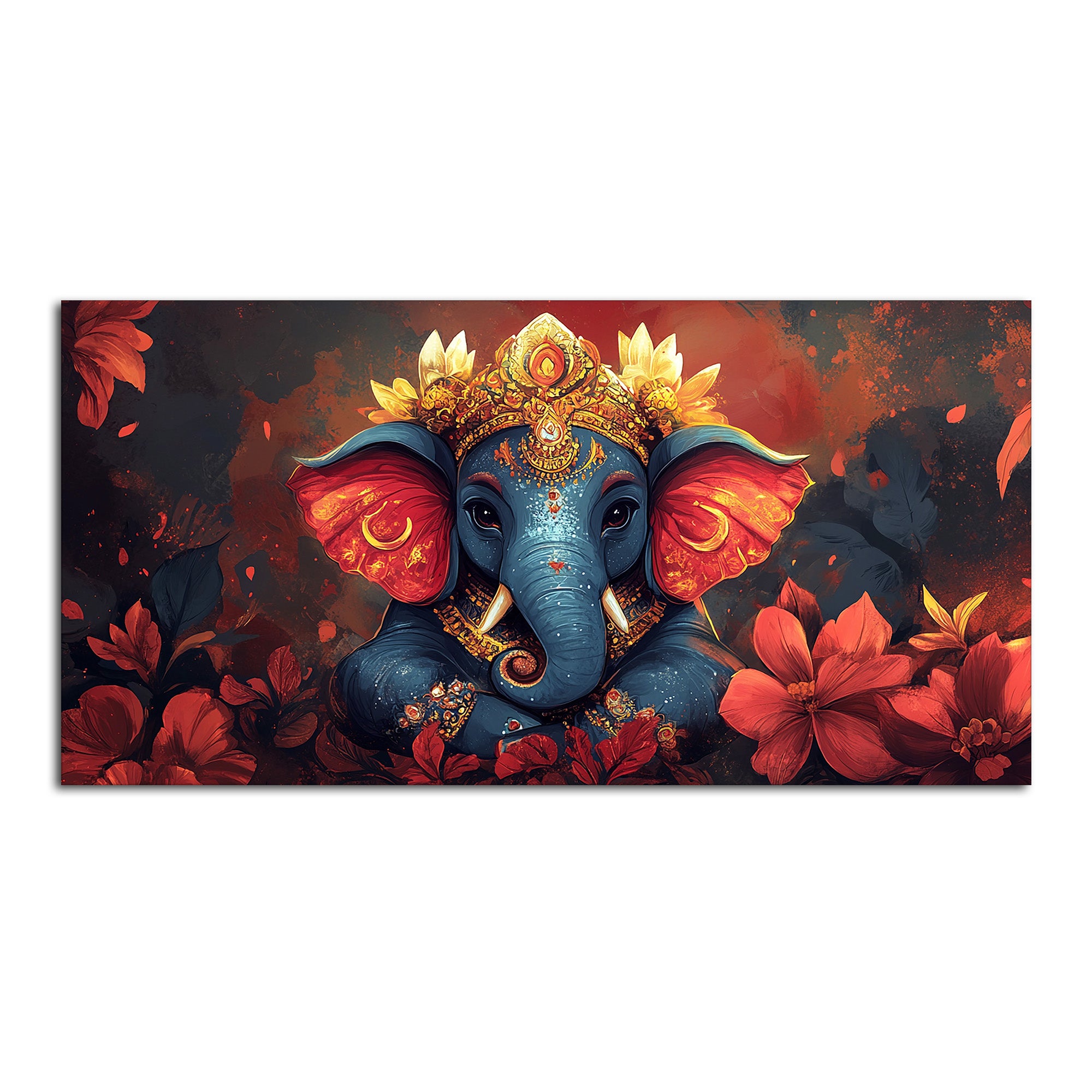 Auspicious Lord Ganesh Golden Adornments Fiery Canvas Wall Painting