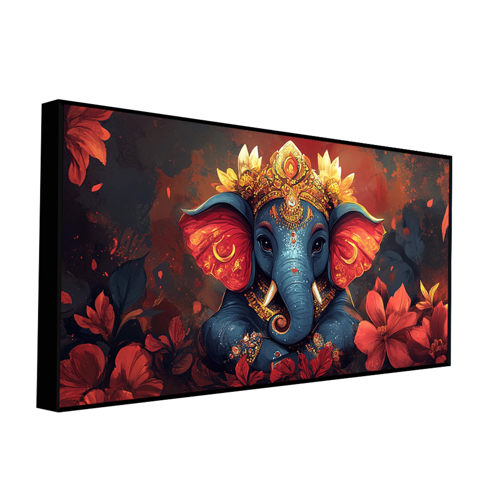 Auspicious Lord Ganesh Golden Adornments Fiery Canvas Wall Painting
