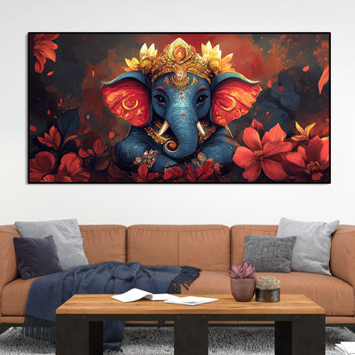 Auspicious Lord Ganesh Golden Adornments Fiery Canvas Wall Painting