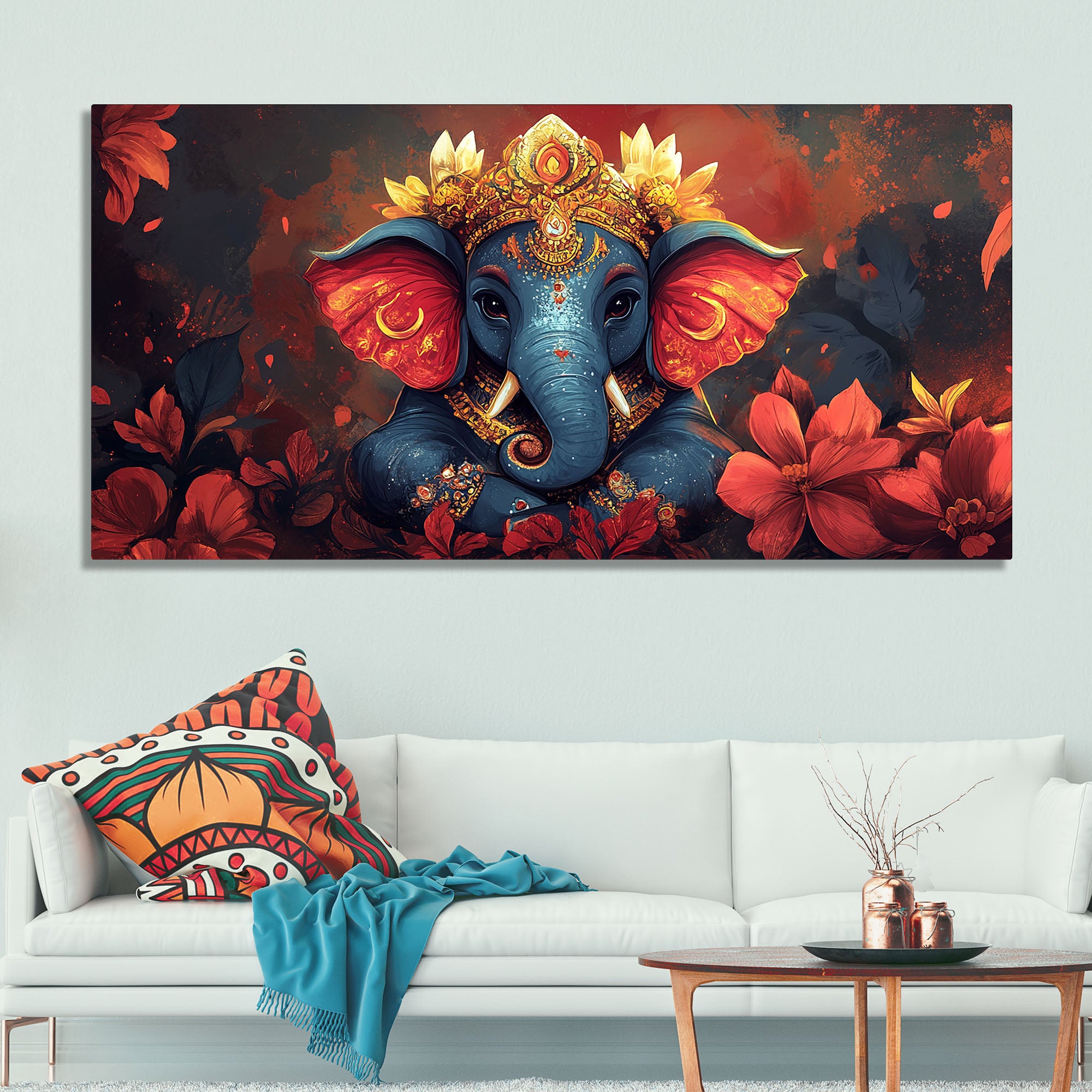 Auspicious Lord Ganesh Golden Adornments Fiery Canvas Wall Painting