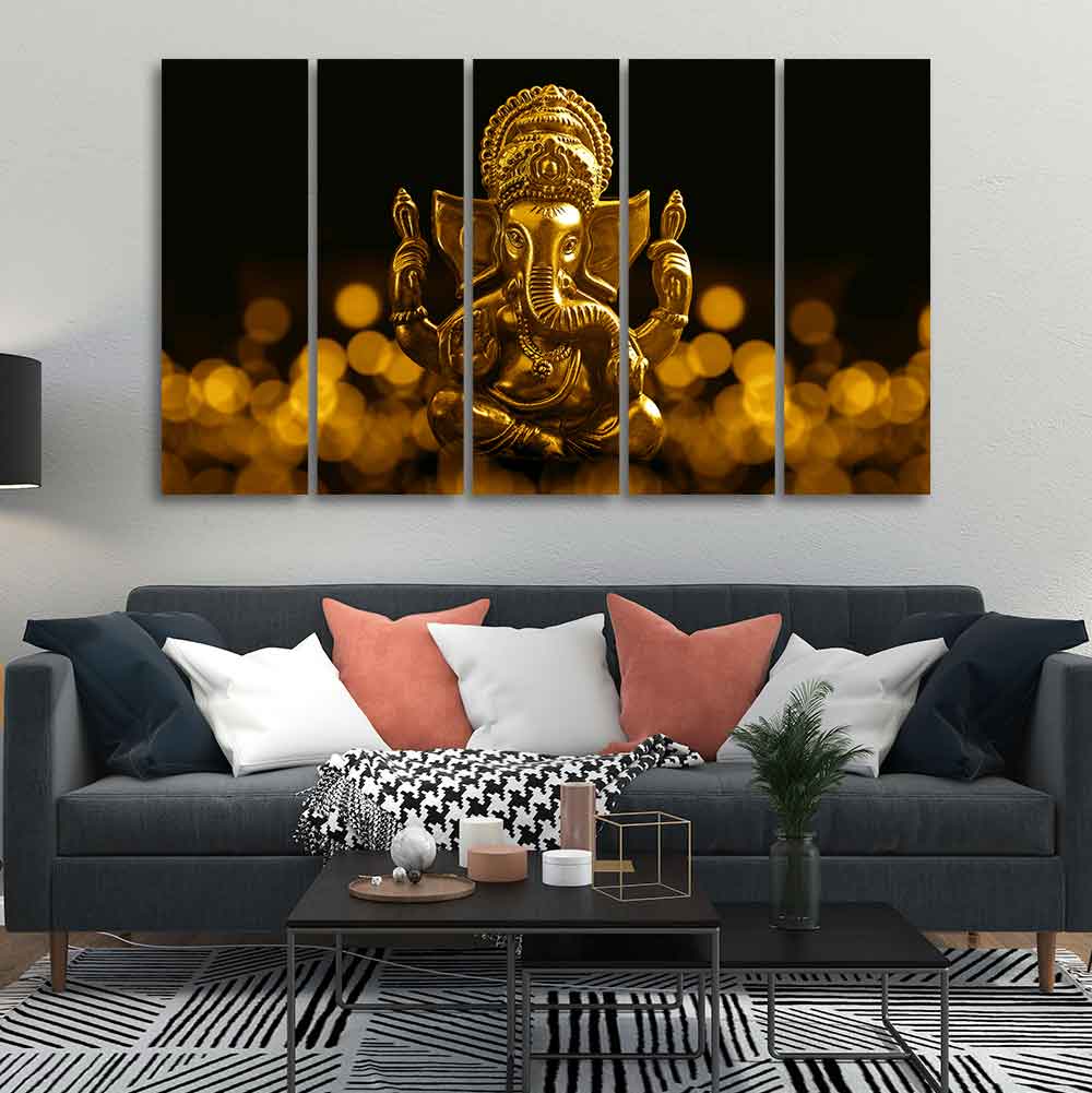 Auspicious Lord Ganesha Canvas Wall Painting of Five Pieces