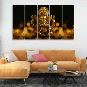 Auspicious Lord Ganesha Canvas Wall Painting of Five Pieces