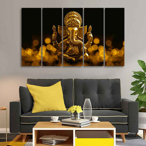 Auspicious Lord Ganesha Canvas Wall Painting of Five Pieces