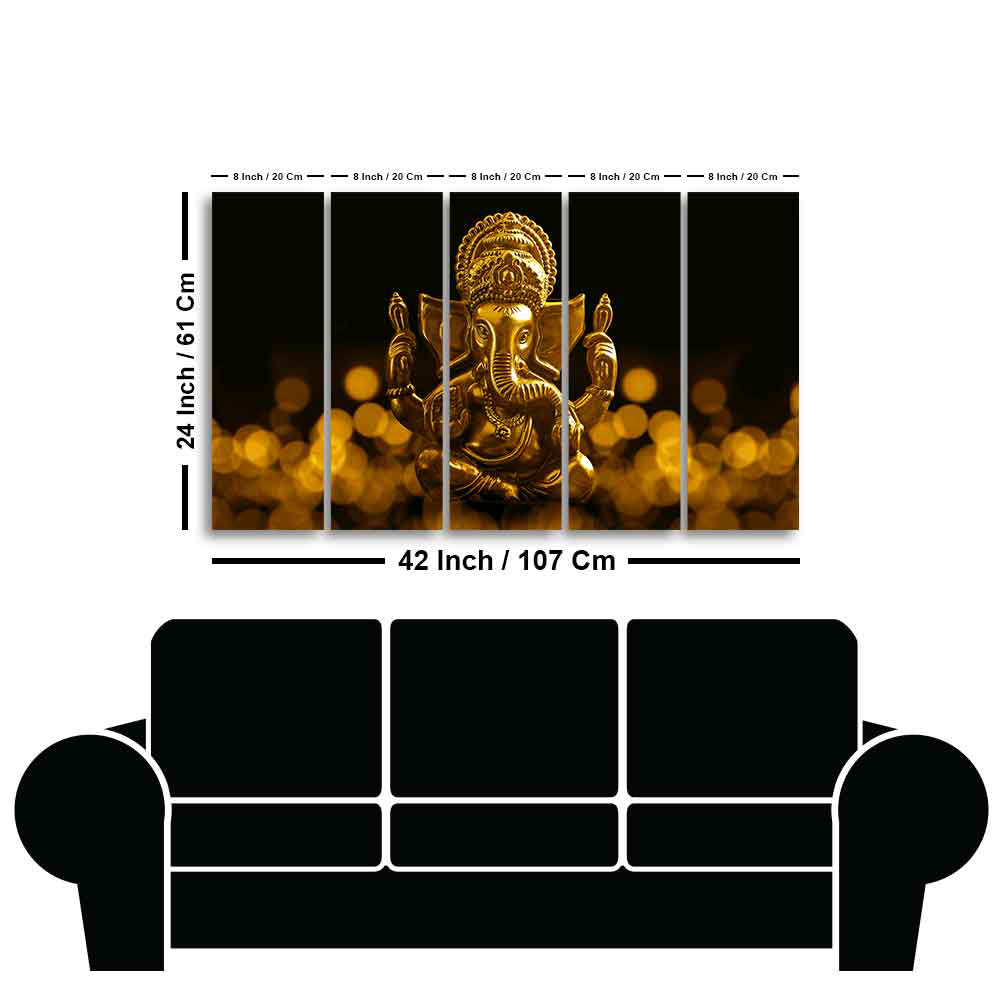 Auspicious Lord Ganesha Canvas Wall Painting of Five Pieces