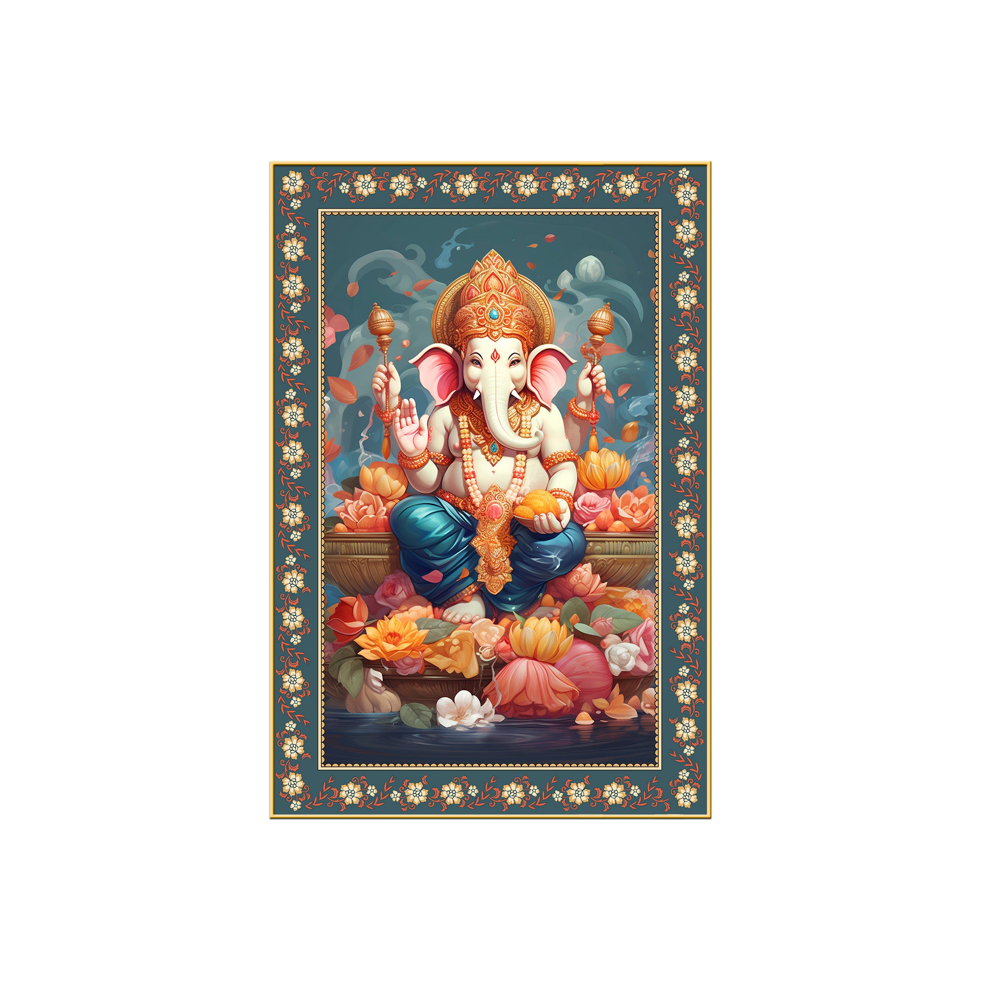 Auspicious Lord Ganpati Floral Border Vertical Wall Painting