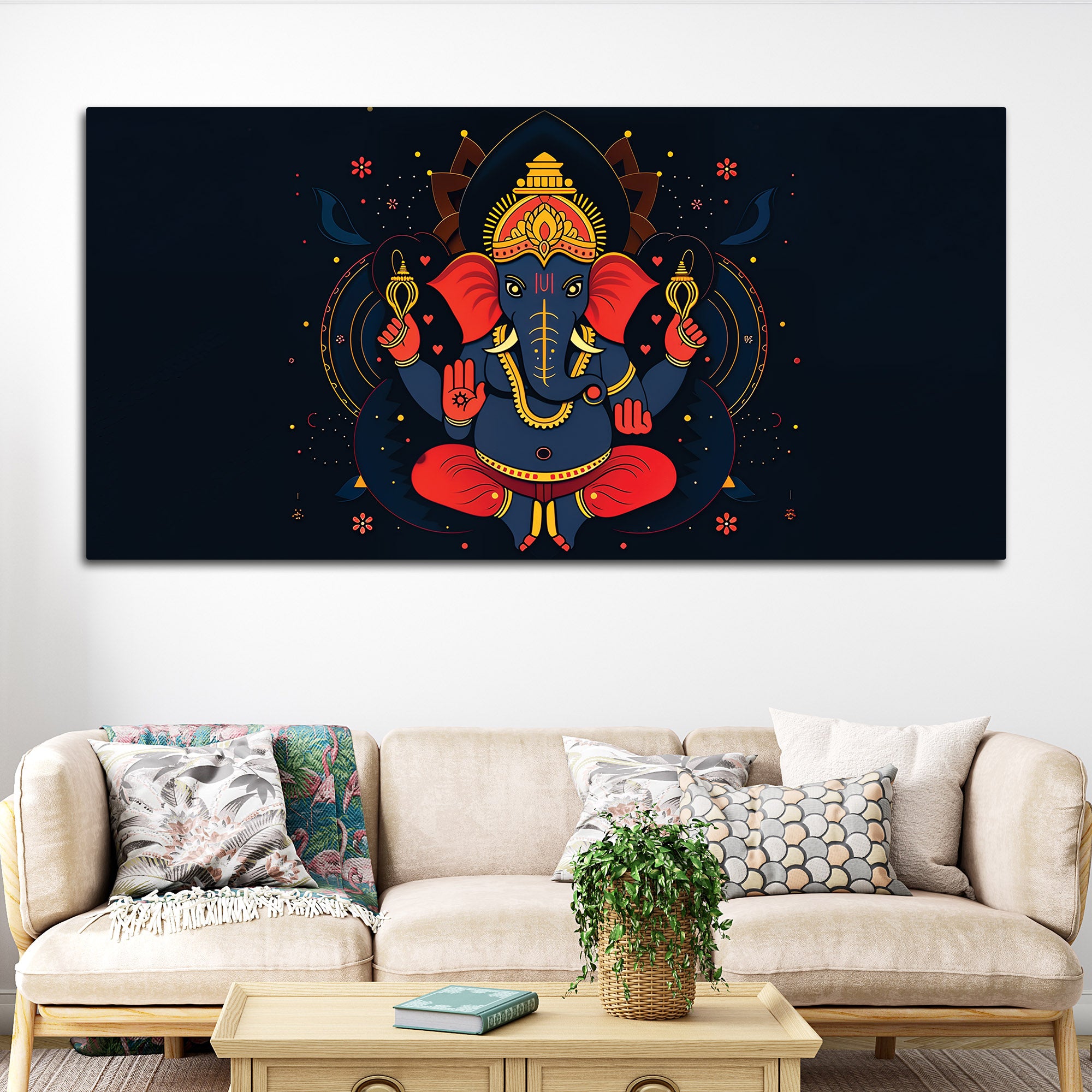 Auspicious Lord Shri Ganesh Sitted in the Dark Canvas Wall Painting – Contemporary Spiritual Wall Decor