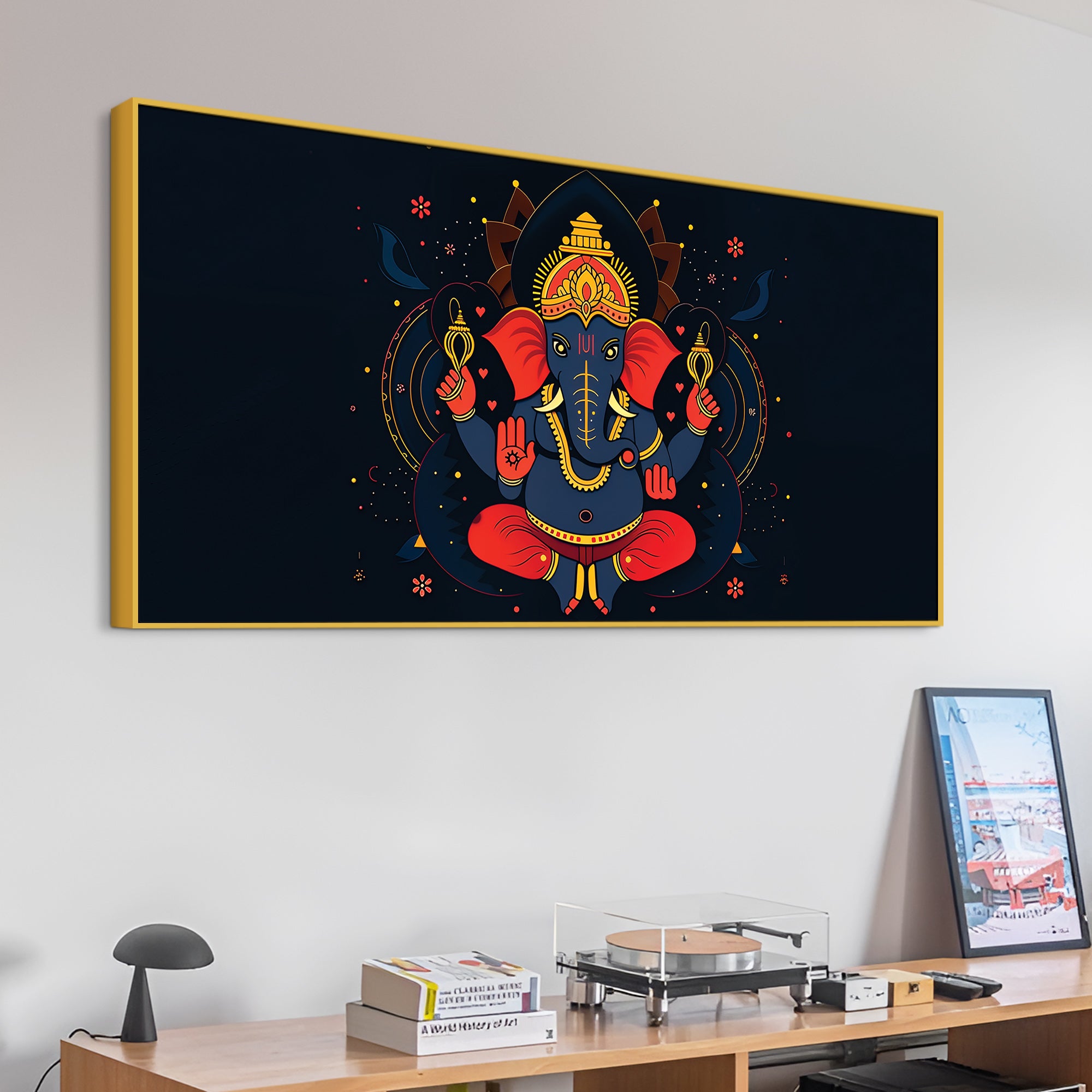 Auspicious Lord Shri Ganesh Sitted in the Dark Canvas Wall Painting – Contemporary Spiritual Wall Decor