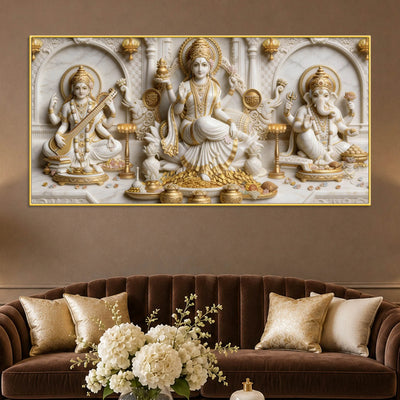Auspicious Mata Lakshmi Saraswati with Shri Ganesh 3D Canvas Wall Painting