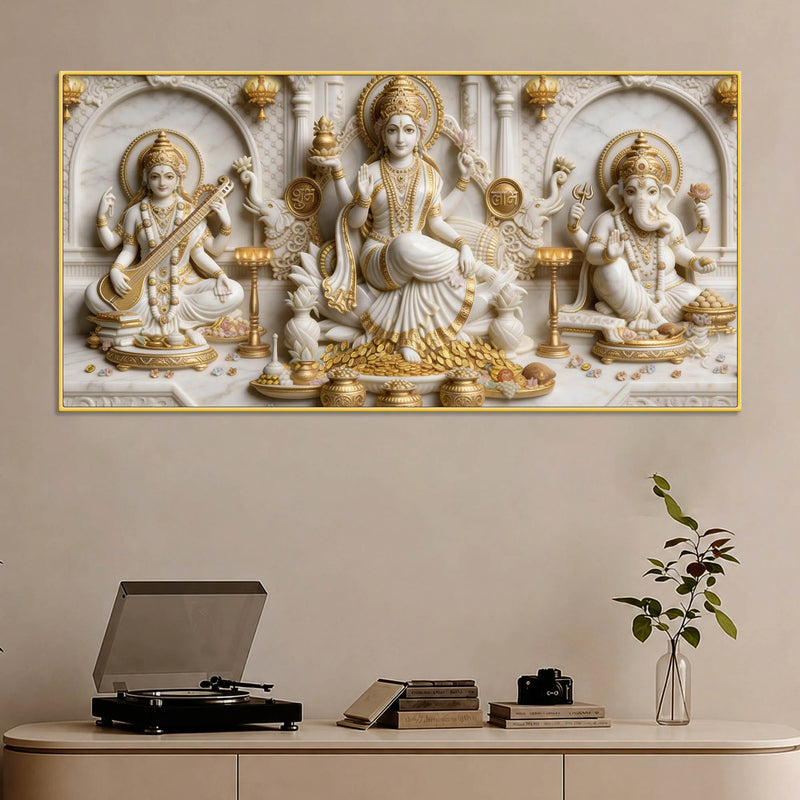 Auspicious Mata Lakshmi Saraswati with Shri Ganesh 3D Canvas Wall Painting