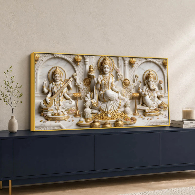 Auspicious Mata Lakshmi Saraswati with Shri Ganesh 3D Canvas Wall Painting