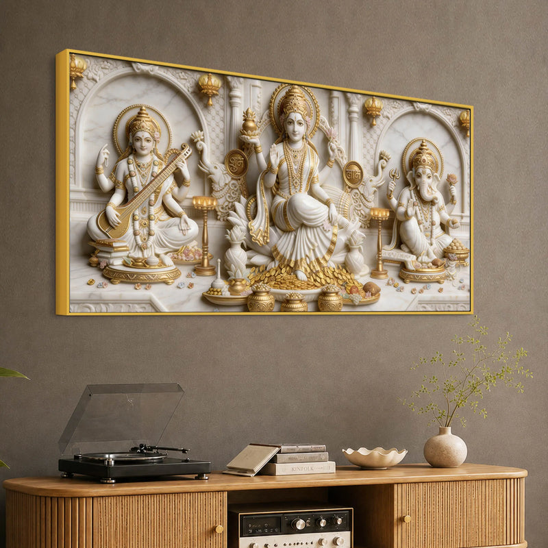 Auspicious Mata Lakshmi Saraswati with Shri Ganesh 3D Canvas Wall Painting