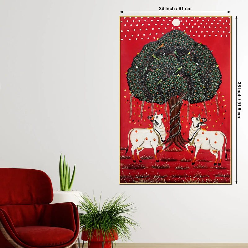 Auspicious Pair of Cow Standing Under the Sacred Tree Pichwai Canvas Wall Painting