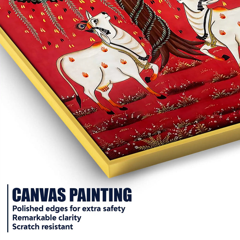 Auspicious Pair of Cow Standing Under the Sacred Tree Pichwai Canvas Wall Painting