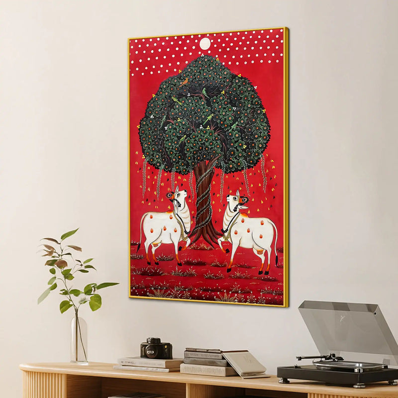 Auspicious Pair of Cow Standing Under the Sacred Tree Pichwai Canvas Wall Painting