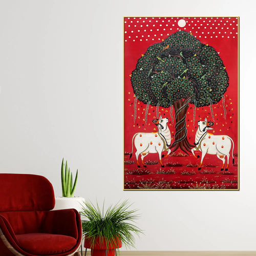 Auspicious Pair of Cow Standing Under the Sacred Tree Pichwai Canvas Wall Painting