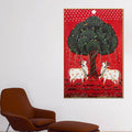 Auspicious Pair of Cow Standing Under the Sacred Tree Pichwai Canvas Wall Painting