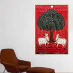Auspicious Pair of Cow Standing Under the Sacred Tree Pichwai Canvas Wall Painting