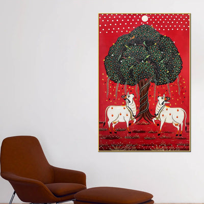Auspicious Pair of Cow Standing Under the Sacred Tree Pichwai Canvas Wall Painting