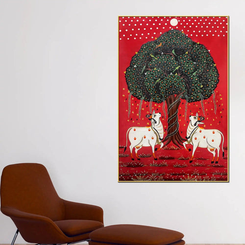 Auspicious Pair of Cow Standing Under the Sacred Tree Pichwai Canvas Wall Painting