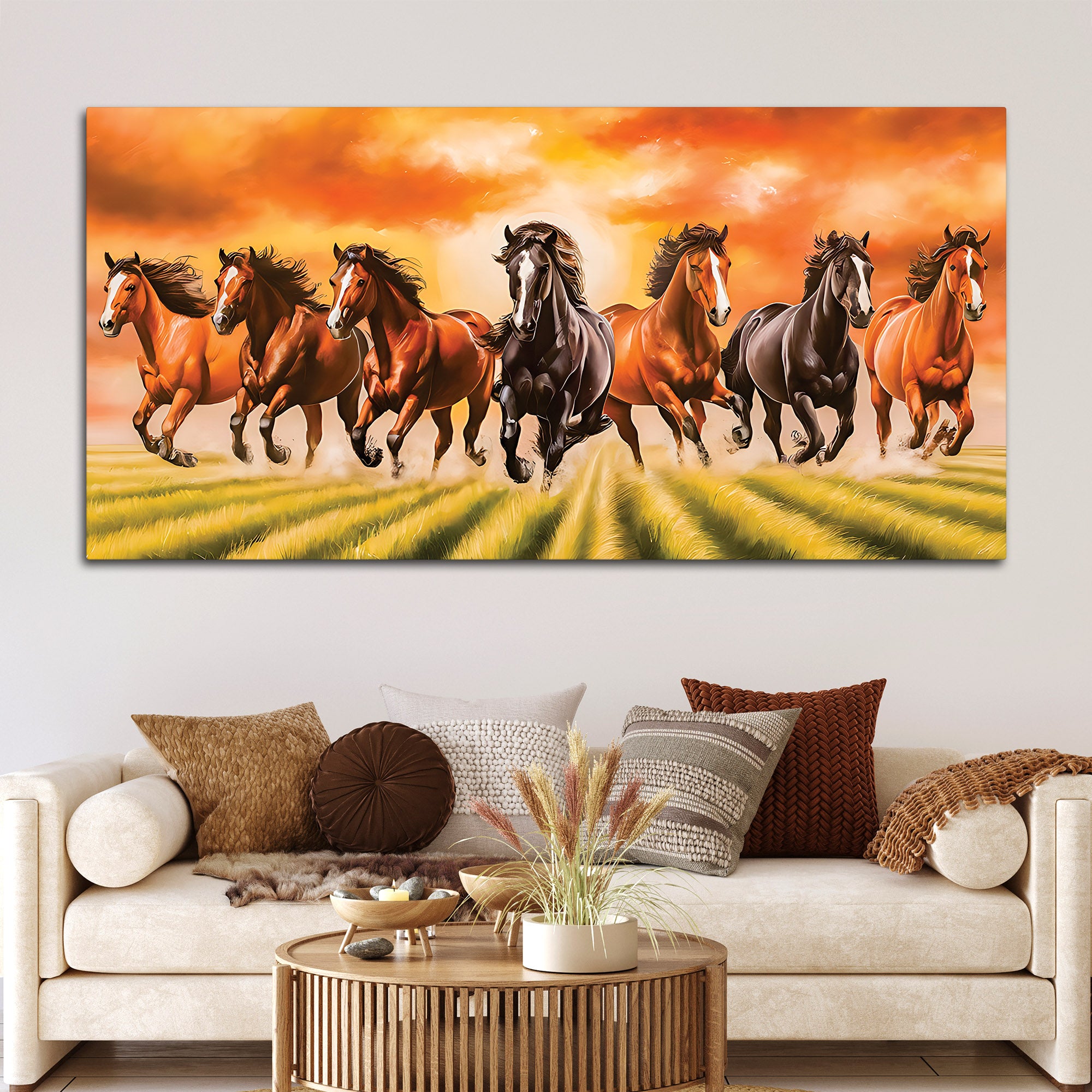 Auspicious Seven Running Horses in Field Canvas wall Painting