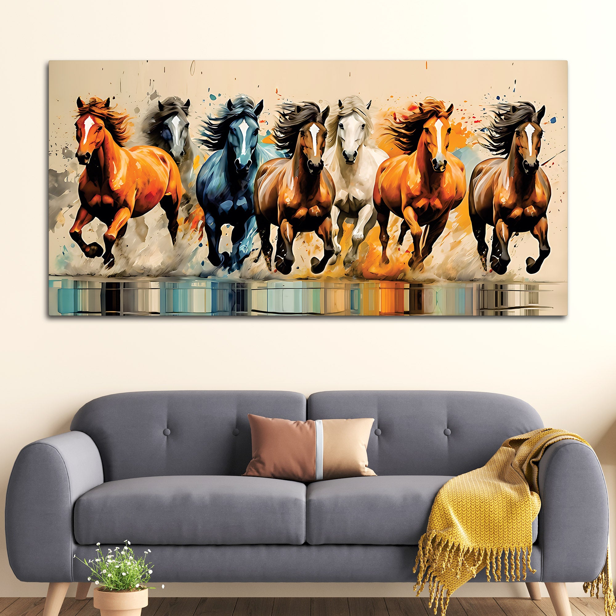 Auspicious Seven Running Horses Premium wall Painting
