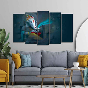 Auspicious Shri Ganpati Ganesha Canvas Wall Painting of Five Pieces