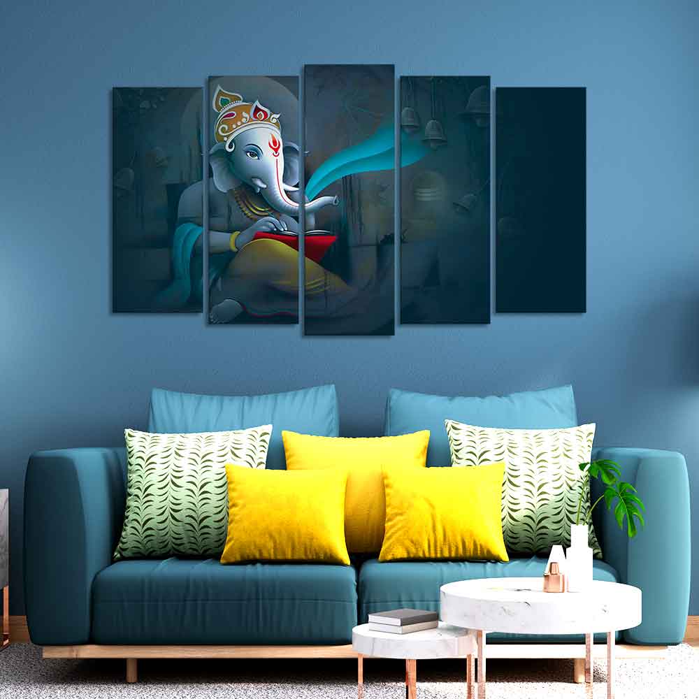 Auspicious Shri Ganpati Ganesha Canvas Wall Painting of Five Pieces