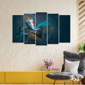 Auspicious Shri Ganpati Ganesha Canvas Wall Painting of Five Pieces