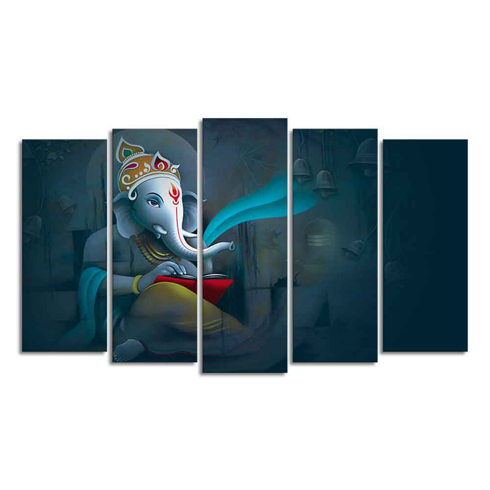 Auspicious Shri Ganpati Ganesha Canvas Wall Painting of Five Pieces