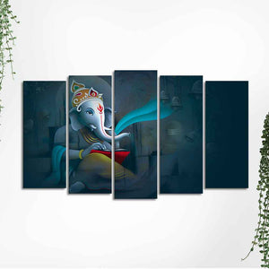 Auspicious Shri Ganpati Ganesha Canvas Wall Painting of Five Pieces