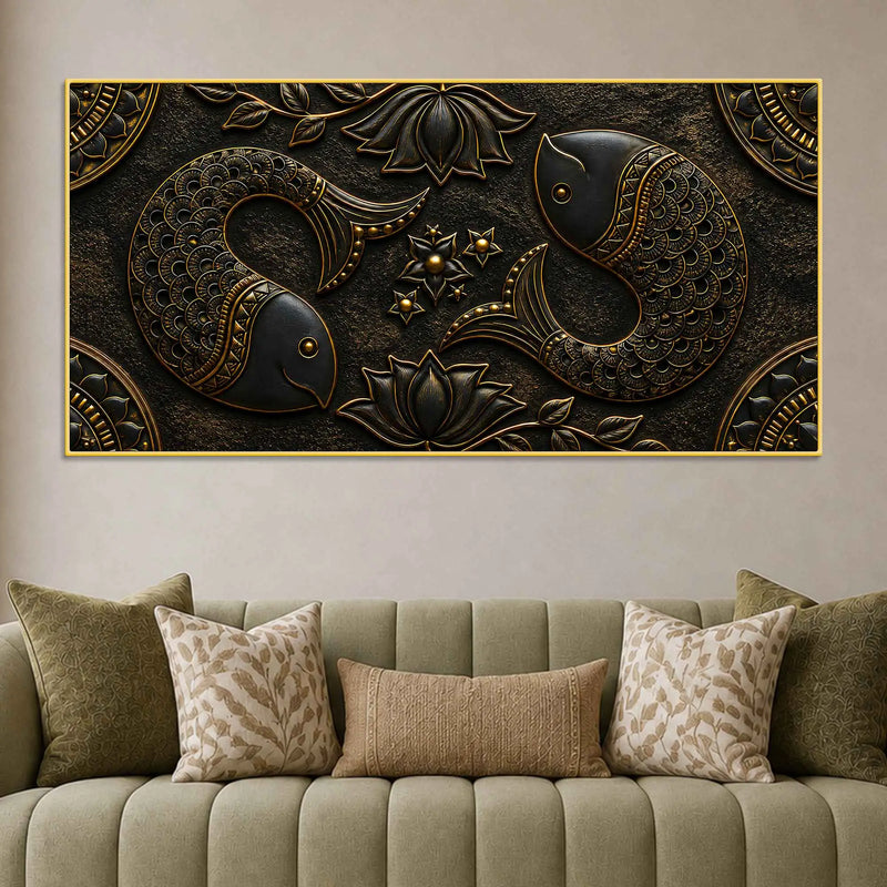 Auspicious Twin Fish with Lotus Metallic Look 3D Canvas Wall Painting