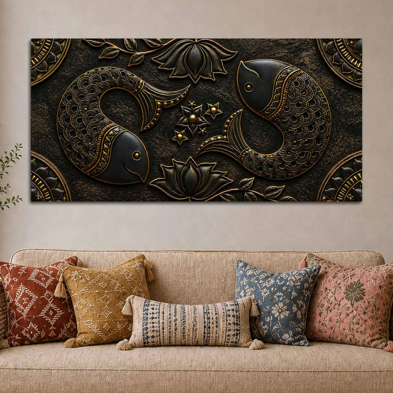 Auspicious Twin Fish with Lotus Metallic Look 3D Canvas Wall Painting