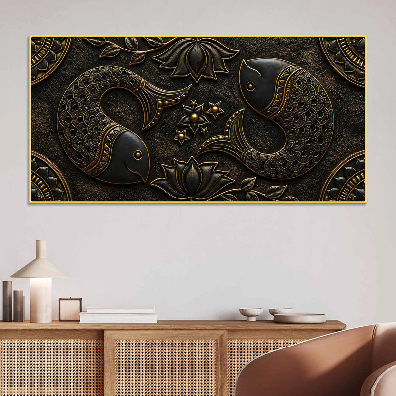 Auspicious Twin Fish with Lotus Metallic Look 3D Canvas Wall Painting