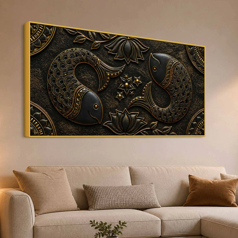 Auspicious Twin Fish with Lotus Metallic Look 3D Canvas Wall Painting