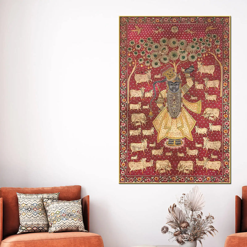 Authentic Indian Devotional Shreenathji Canvas Wall Painting