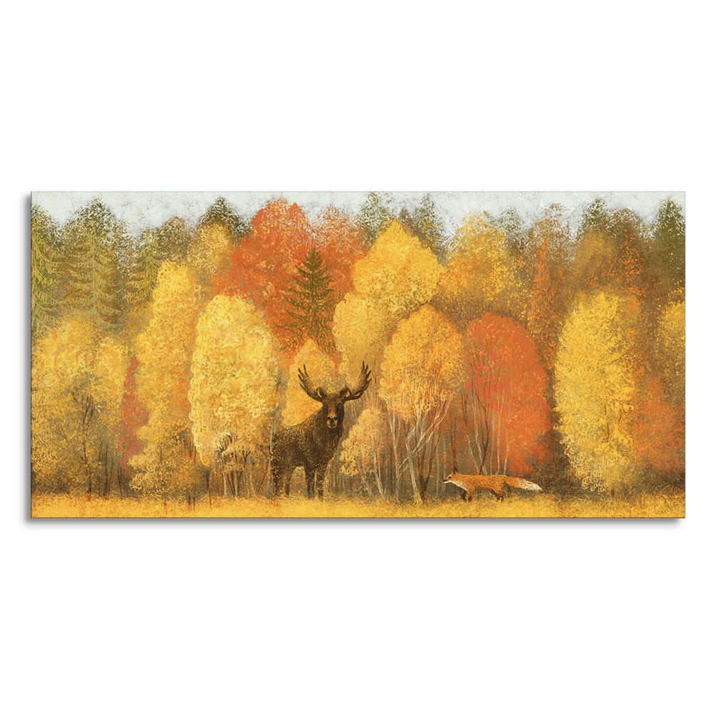 Autumn Foliage with Moose and Fox Premium Canvas Wall Painting