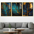 Azure Leaf Golden Veins Acrylic Floating Frame Wall Painting Set of 3