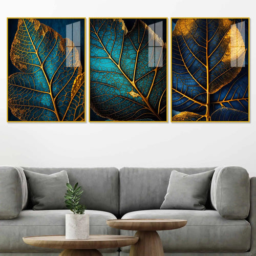 Azure Leaf Golden Veins Acrylic Floating Frame Wall Painting Set of 3