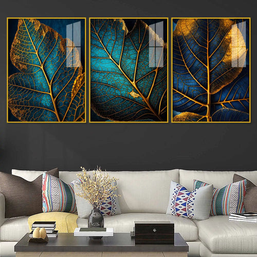 Azure Leaf Golden Veins Acrylic Floating Frame Wall Painting Set of 3
