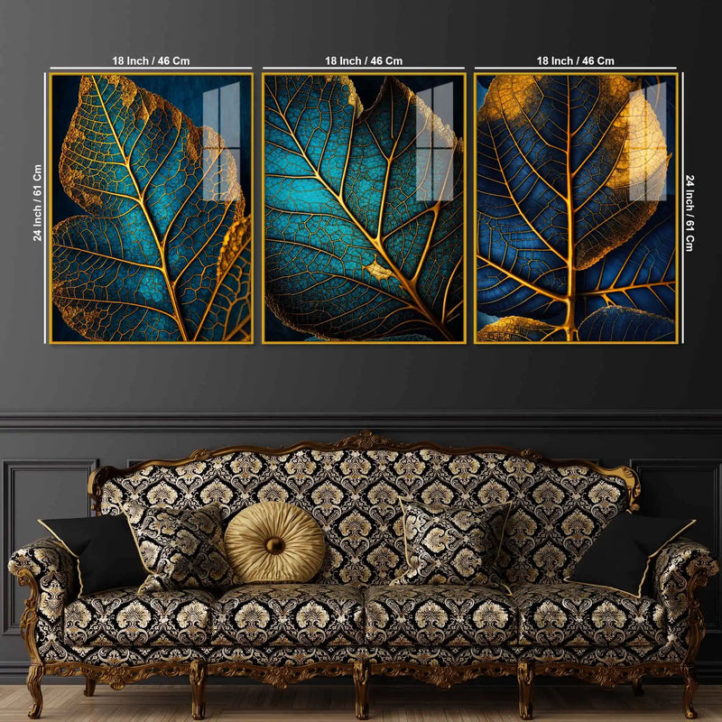 Azure Leaf Golden Veins Acrylic Floating Frame Wall Painting Set of 3